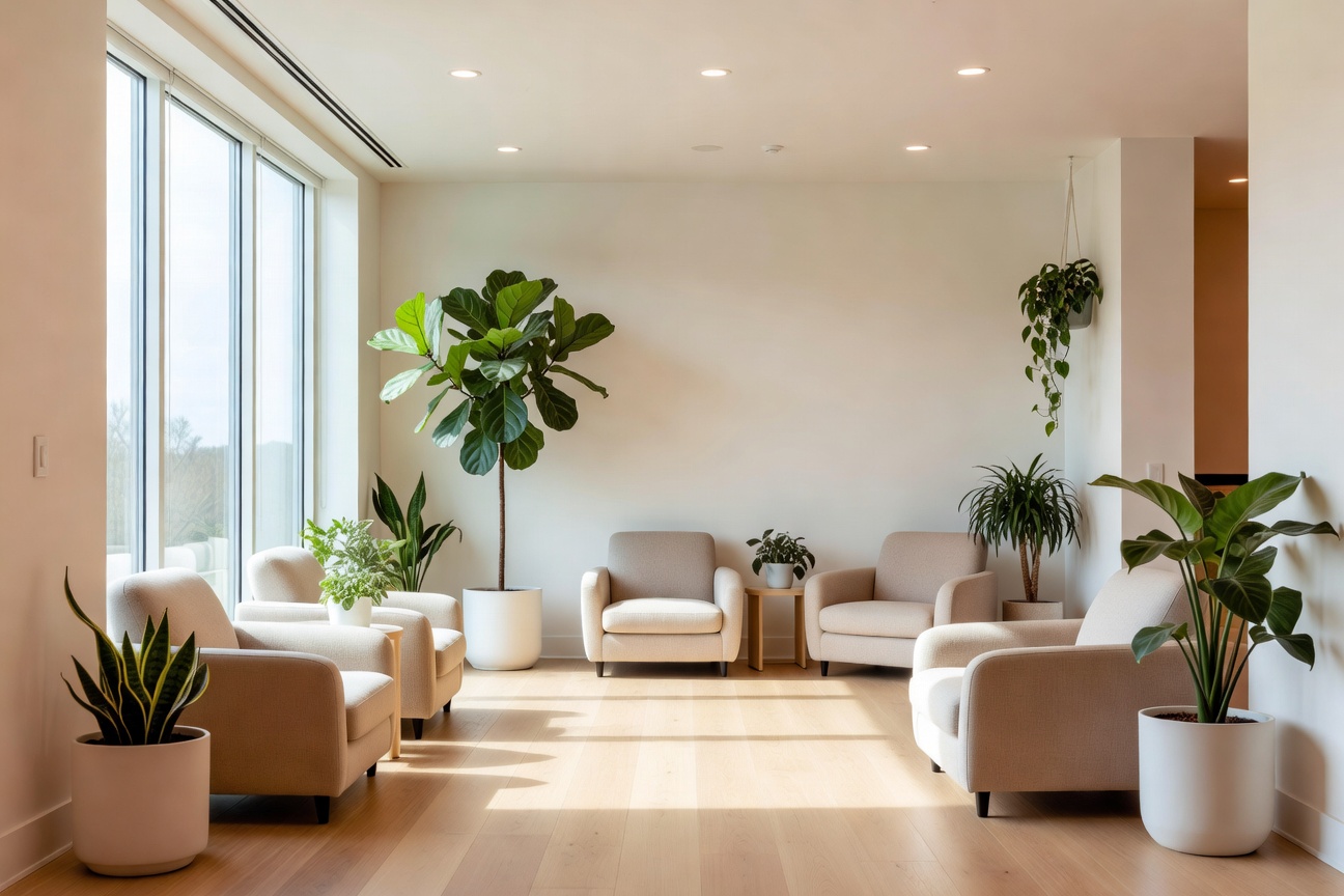 Bright airy dental studio waiting room with natural plants and warm lighting
