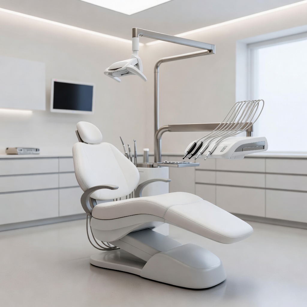 Bright modern dental treatment room with white chair and soft lighting