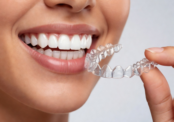 Clear Invisalign aligners held alongside bright confident smile