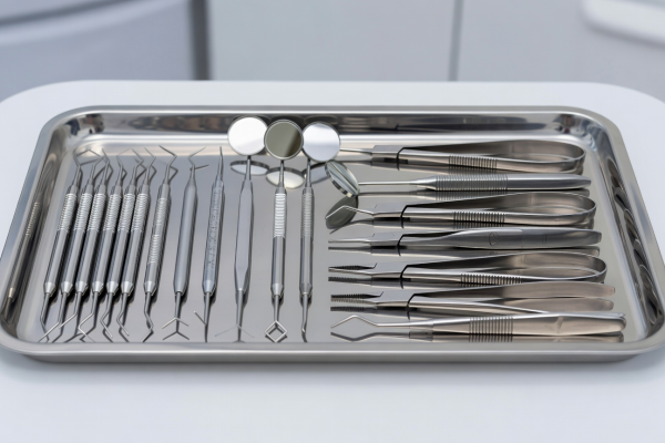 Close-up of dental tools neatly arranged on sterile tray