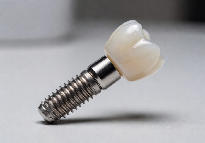 Dental implant model showing titanium post and crown structure