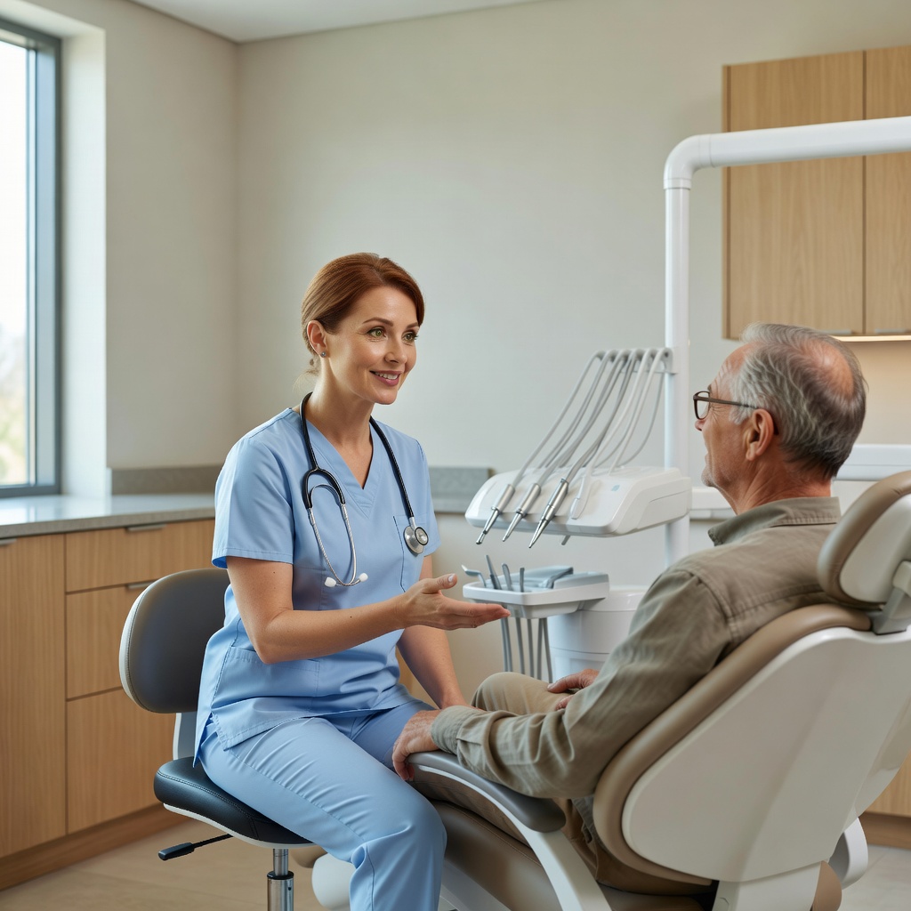 Dentist consulting warmly with a patient in a calm modern dental office