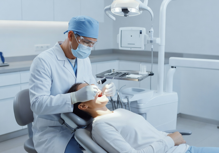 Dentist performing routine examination in clean dental chair setting