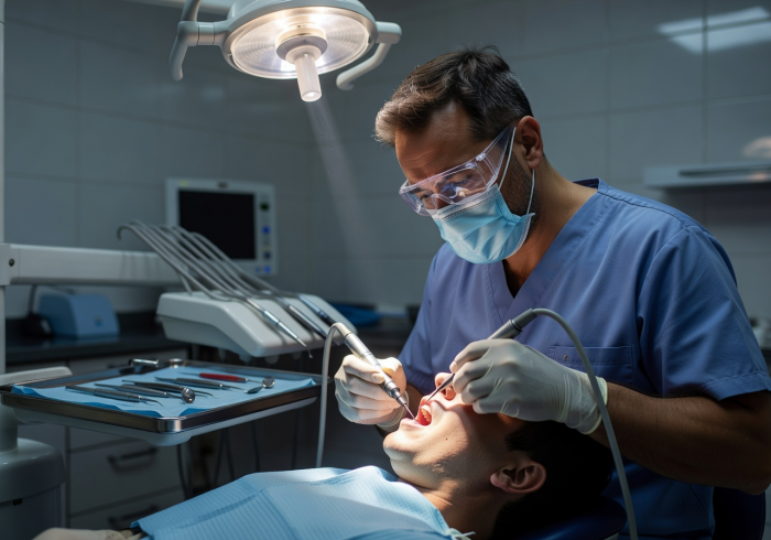 Dentist providing urgent care with focused expression in treatment room