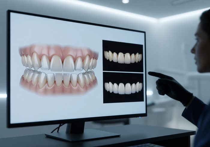 Digital smile design consultation on screen showing veneer planning