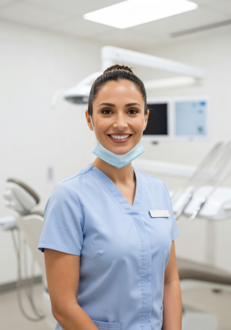 Dr. Elena Hartwell smiling in professional dental attire