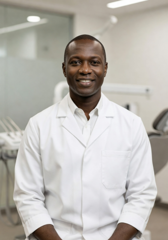 Dr. Marcus Osei smiling in clinical dental coat