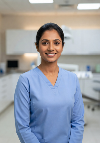 Dr. Priya Sharma wearing dental scrubs and smiling warmly