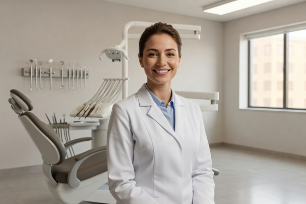 Friendly female dentist in white coat smiling confidently in modern office