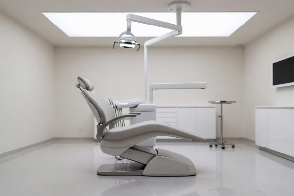 Modern dental treatment chair in clean clinical room with soft white ambient light
