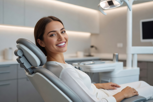 Patient with beautiful bright smile sitting comfortably in dental chair