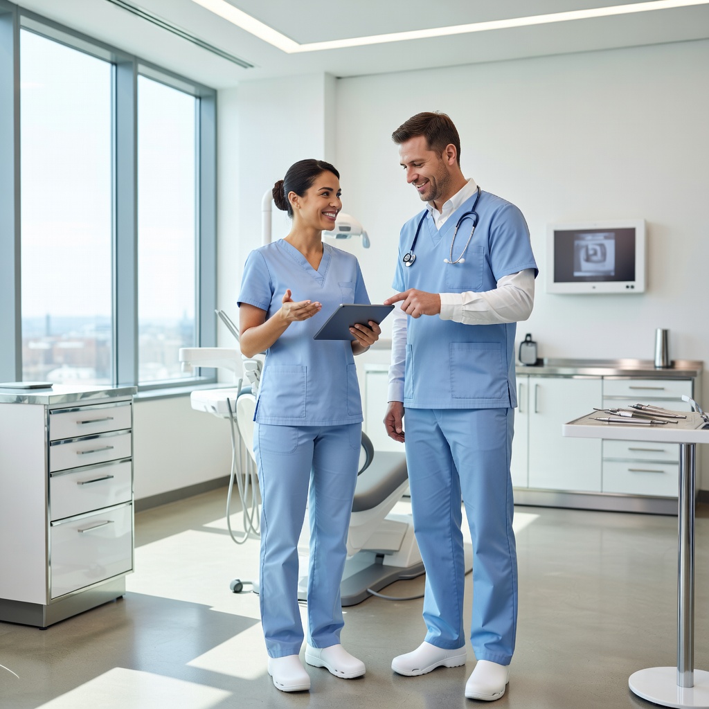Two smiling dentists in a bright modern dental studio discussing patient care